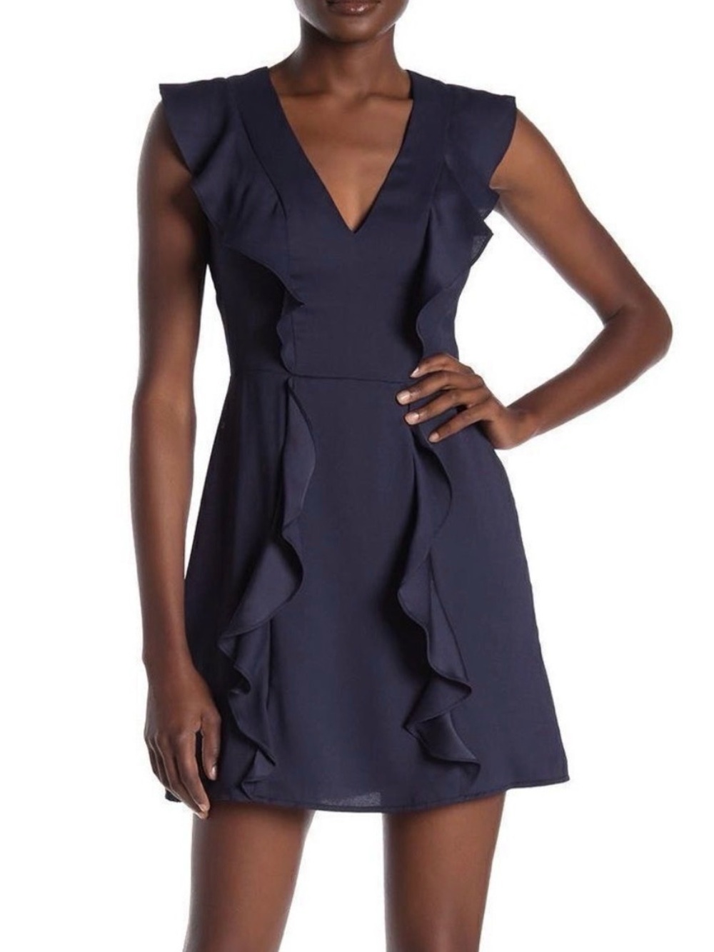 BCBGMAXAZRIA Eve Navy Blue Ruffle V-Neck Mini Dress Size 10